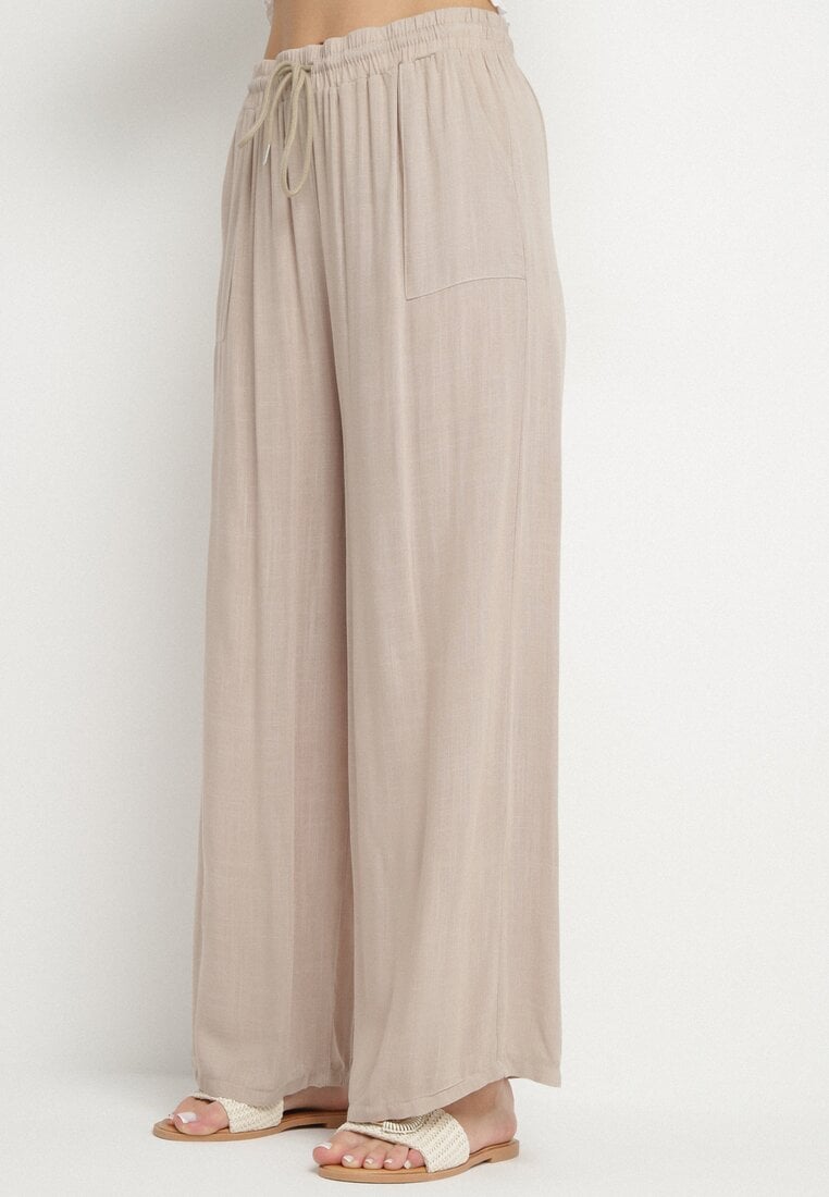 Ciemnobeżowe Spodnie Bawełniane Szerokie z Gumką w Pasie Efranica