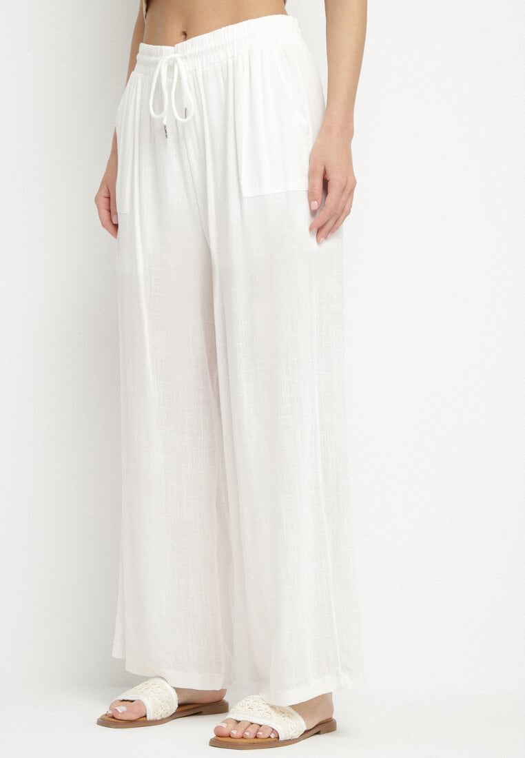 Białe Spodnie Bawełniane Szerokie z Gumką w Pasie Efranica