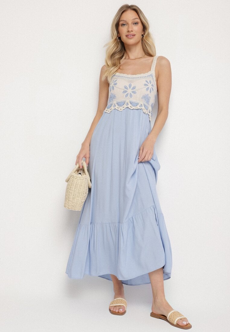 Niebieska Wiskozowa Sukienka z Haftowanym Wzorem Rinavella
