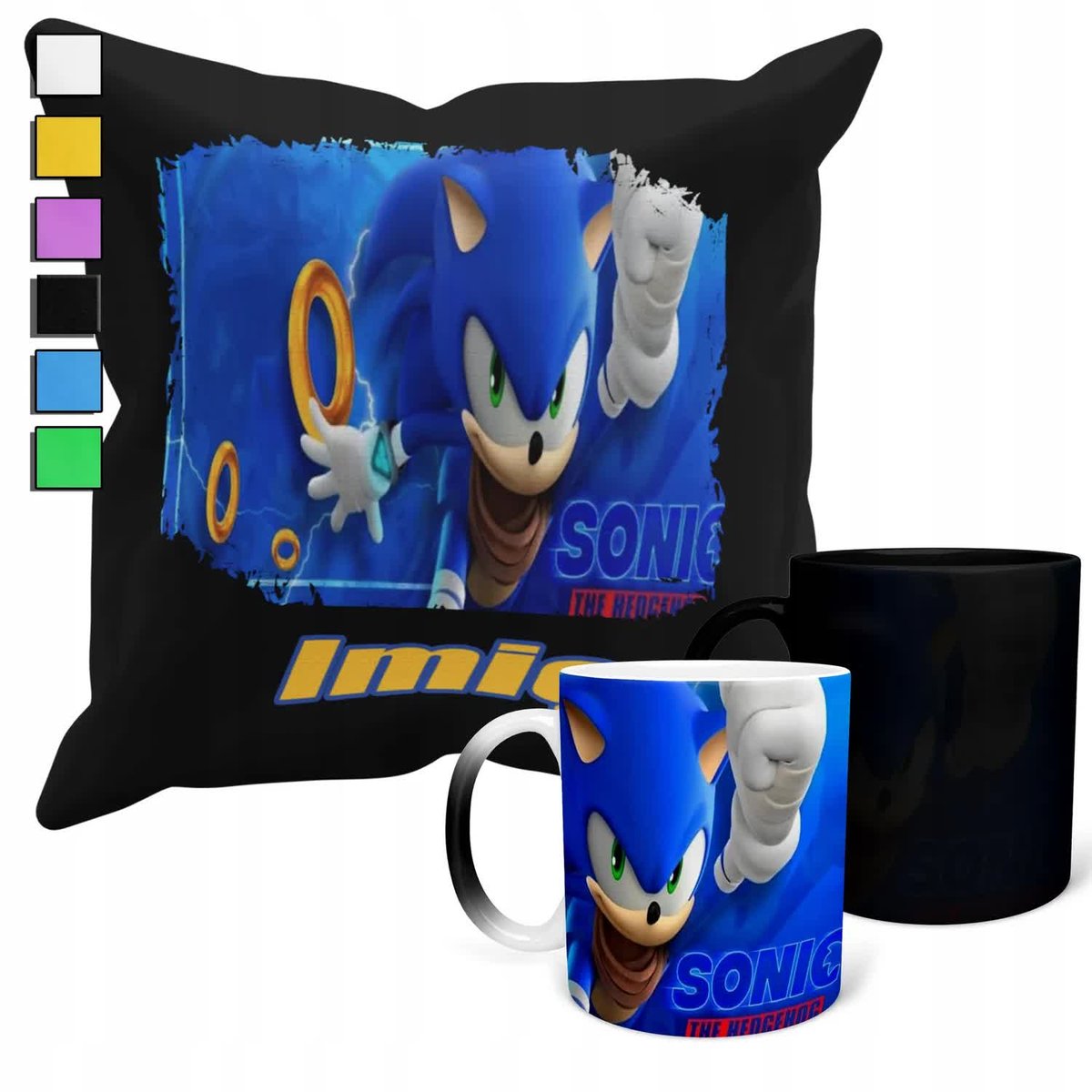 Zestaw Kubek Magiczny + Poszewka Z Poduszką-Prezent Sonic Błyskawica + Imię