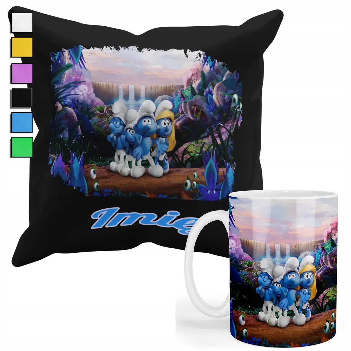 ZESTAW KUBEK + POSZEWKA Z NADRUKIEM-DLA FANA PREZENT THE SMERFS +IMIĘ