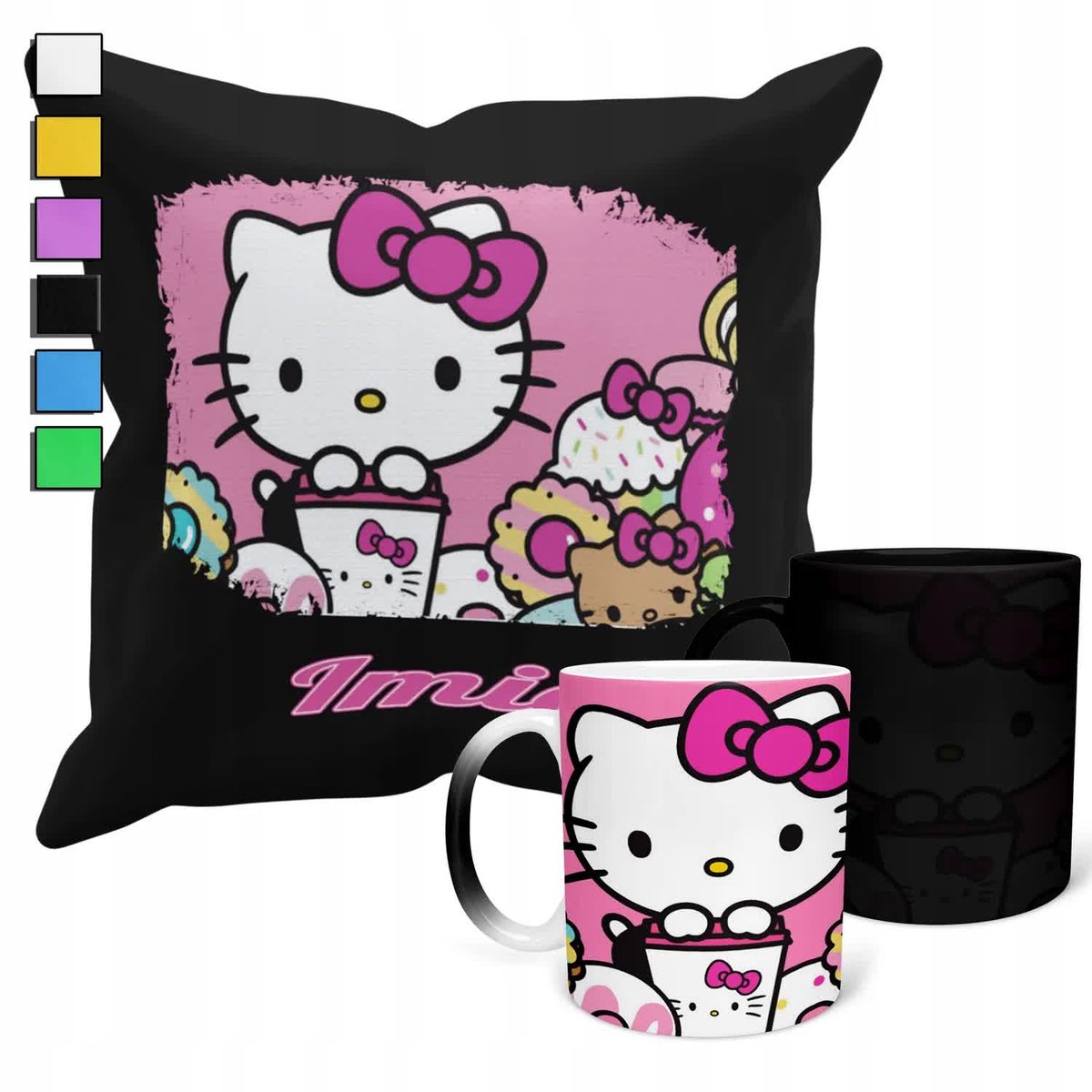 Zestaw Kubek Magiczny + Poszewka Z Poduszką-Prezent Hello Kitty + Imię