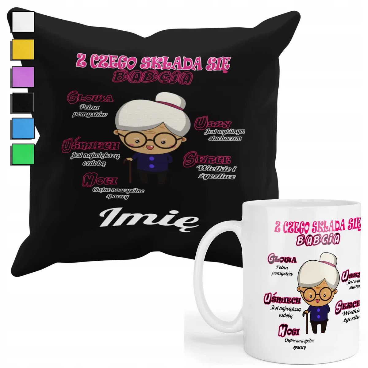 Zestaw Kubek + Poduszka Z Poszewką- Prezent Dla Fana Dzień Babci + Imię