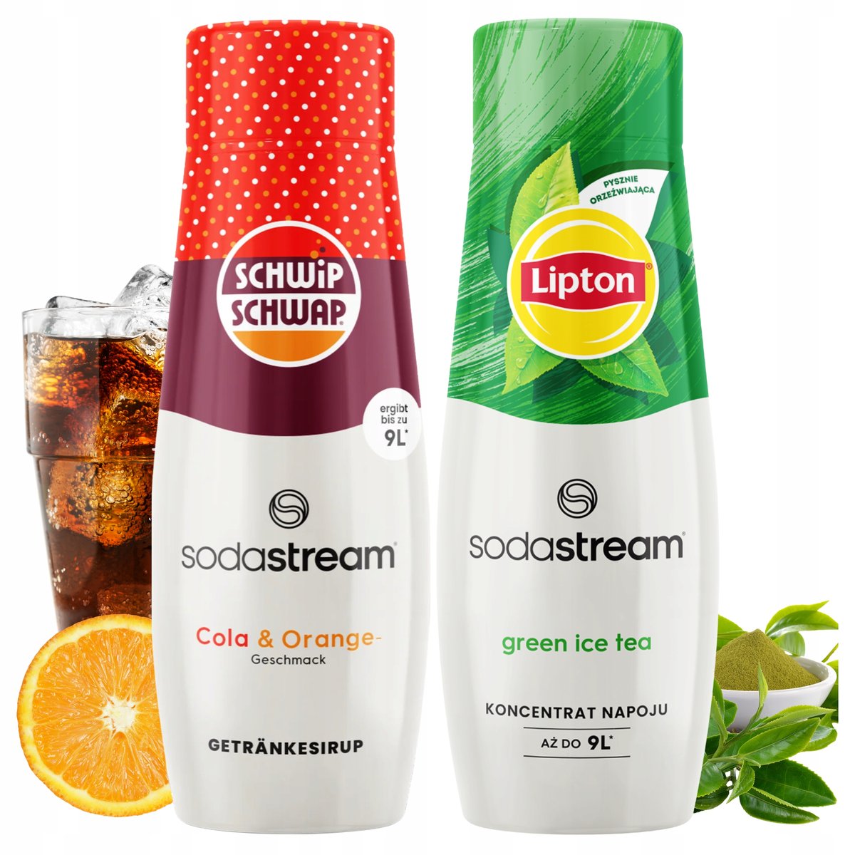 Zestaw 2x Syrop Sodastream Shwip Shwap Cola Pomarańcza Lipton Ice Tea Green
