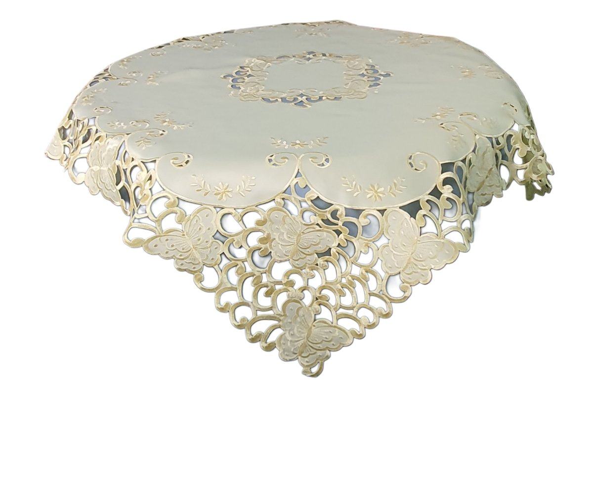 SE00475 Mały kremowo żółty obrus z haftem 85x85cm