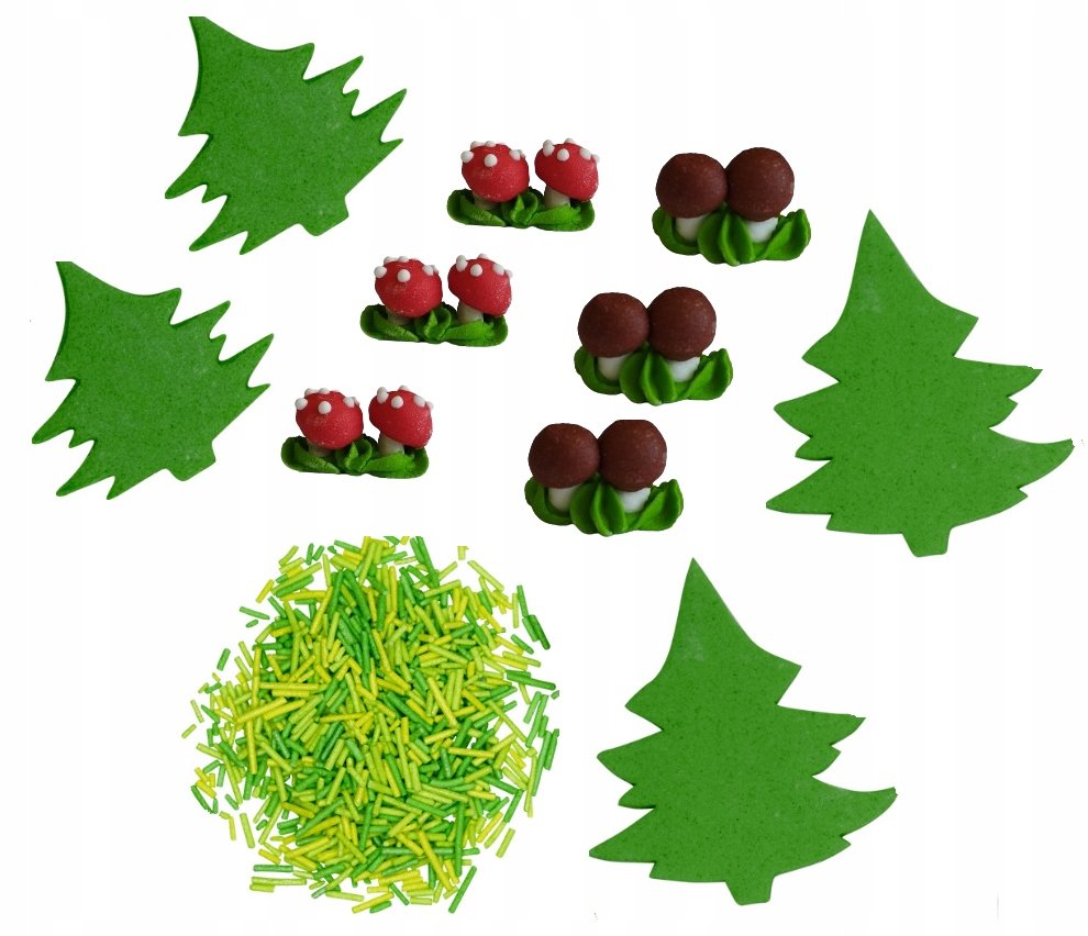 FIGURKA CUKROWA NA TORT dekoracje urodzinowe OZDOBY grzybki choinka posypka