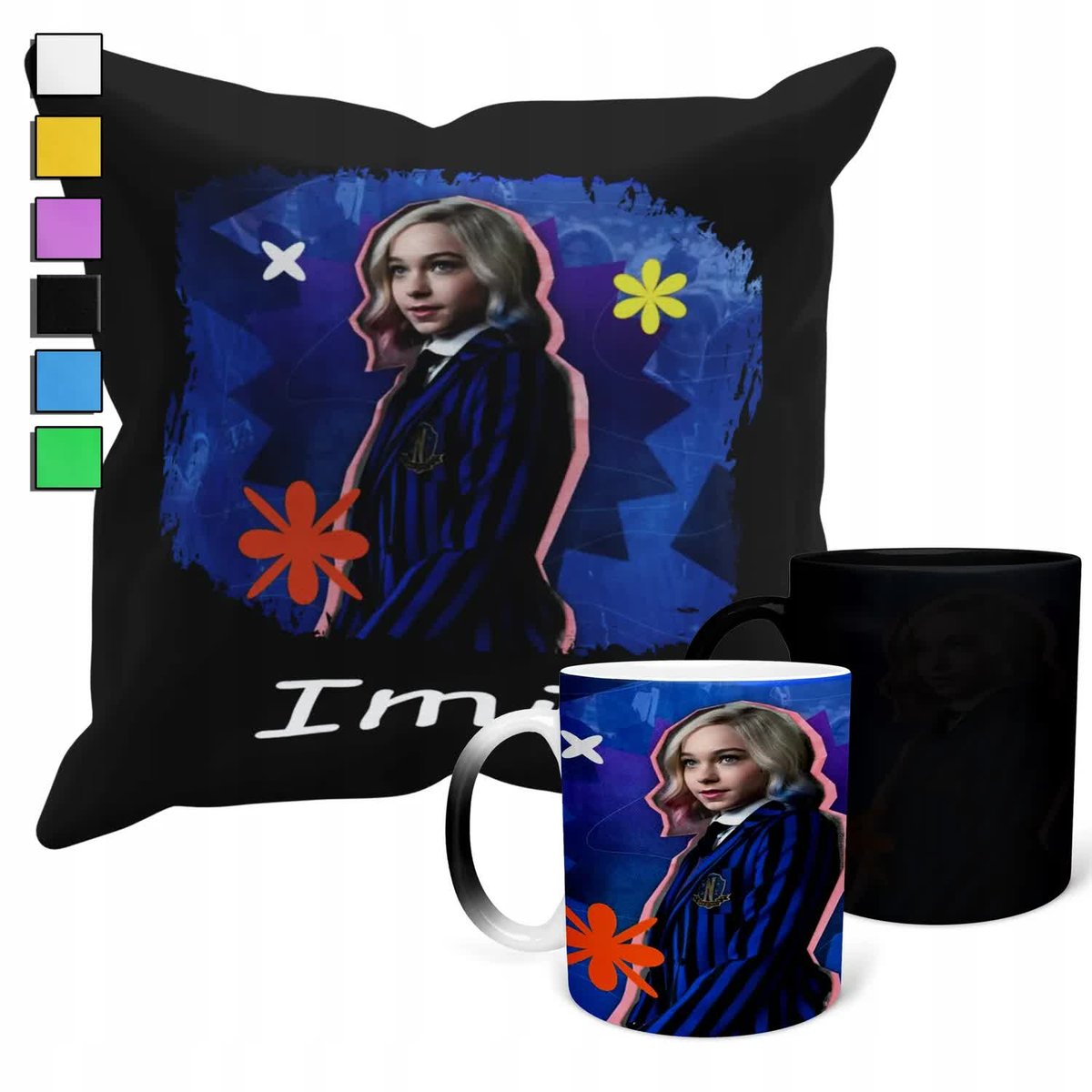 ZESTAW KUBEK MAGICZNY + POSZEWKA Z PODUSZKĄ-WEDNESDAY SERIAL PREZENT + IMIĘ