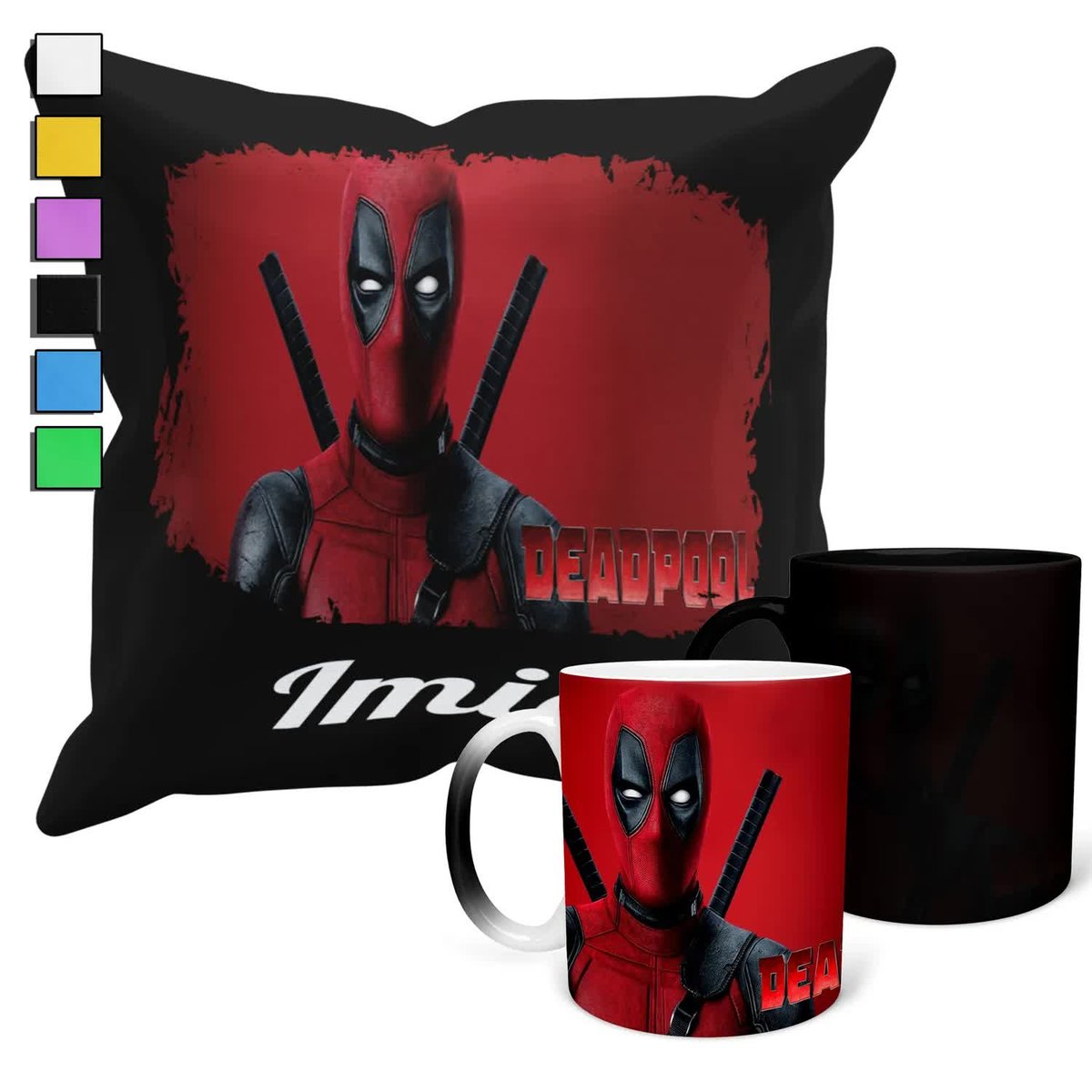 ZESTAW KUBEK MAGICZNY + POSZEWKA Z PODUSZKĄ-AVENGERS DEADPOOL PREZENT+ IMIĘ