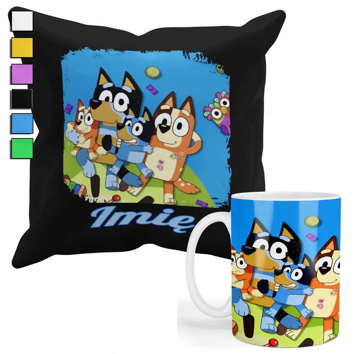 ZESTAW KUBEK + POSZEWKA Z NADRUKIEM-DLA FANA PREZENT NIEBIESKI PIESEK +IMIĘ