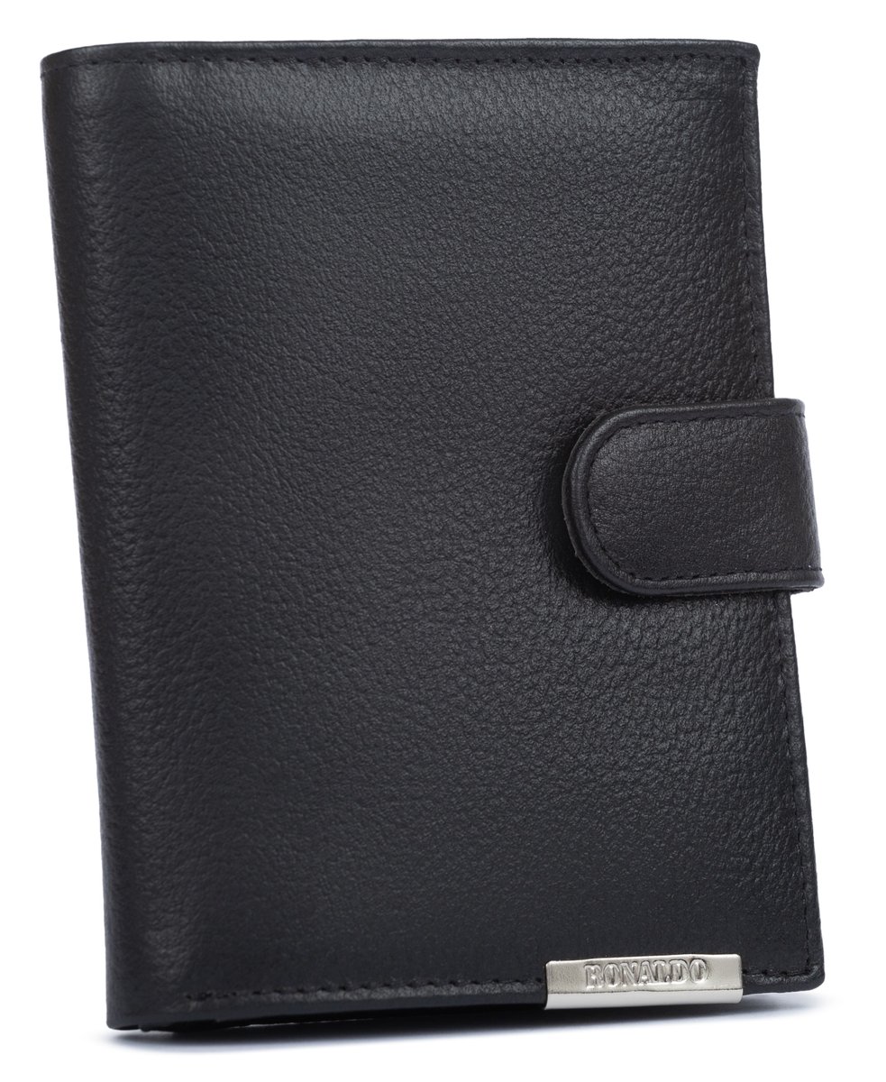 Rozbudowany czarny duży portfel męski ze skóry naturalnej RONALDO pionowy zamykany na zatrzask pojemny na karty i dokumenty ochrona RFID STOP