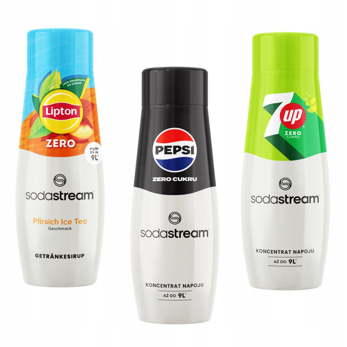 Zestaw 3 koncentratów Sodastream. Ice Tea Peach Zero + Pepsi Max + 7up Free