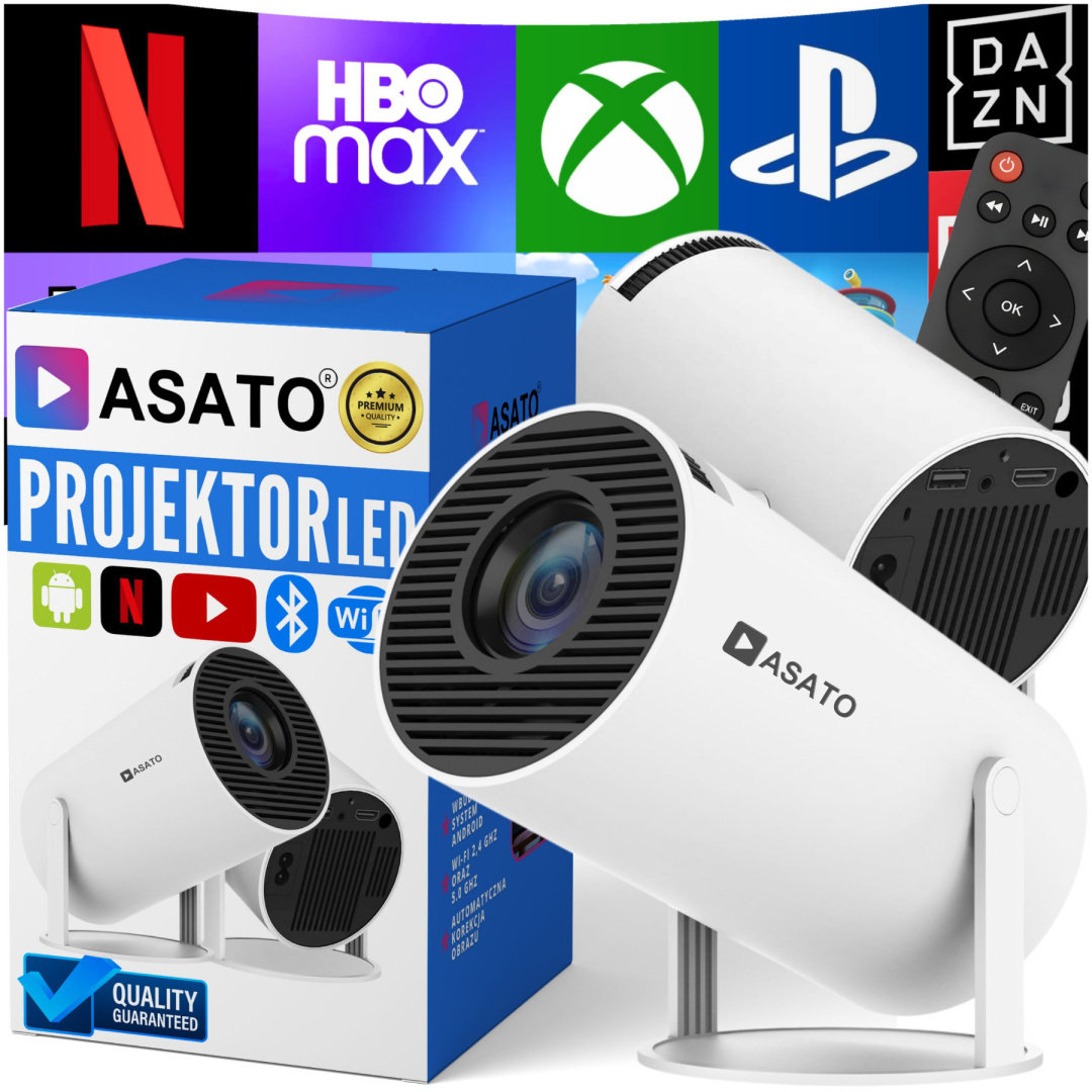 ASATO® Projektor Smart Mini Android TV WiFi Bluetooth 5.0 - HD 720p 4K Ready - Ekran 150''