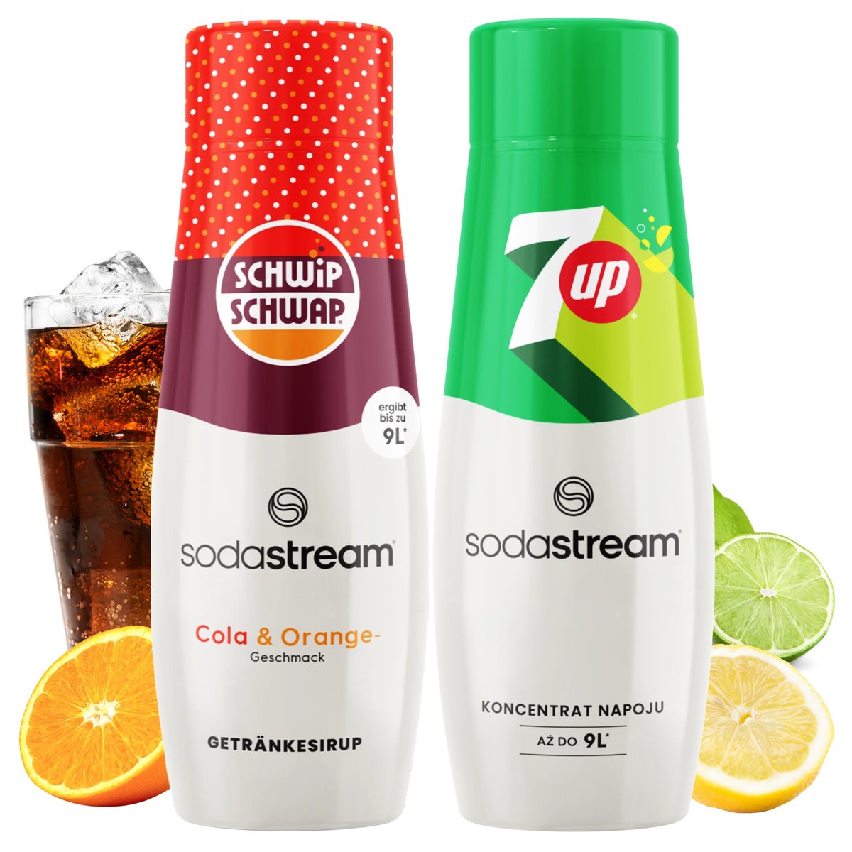 Zestaw 2 Syropów Sodastream Shwip Shwap Cola Pomarańcza + 7UP Cytryna Limon