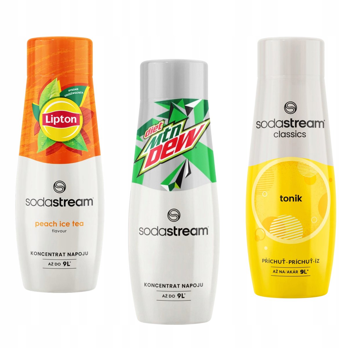 Zestaw 3 koncentraty Sodastream Lipton Ice Tea Peach + Mountain Dew + Tonic