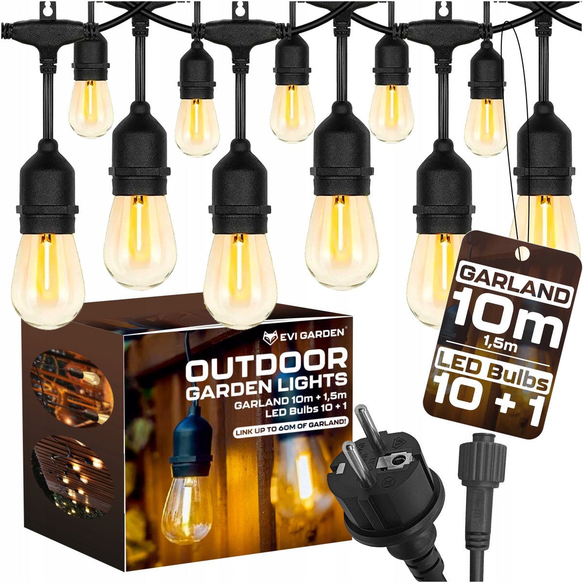 GIRLANDA ŚWIETLNA OGRODOWA Zewnętrzna 10M Żarówki 10+1 LED Lampki do 60m