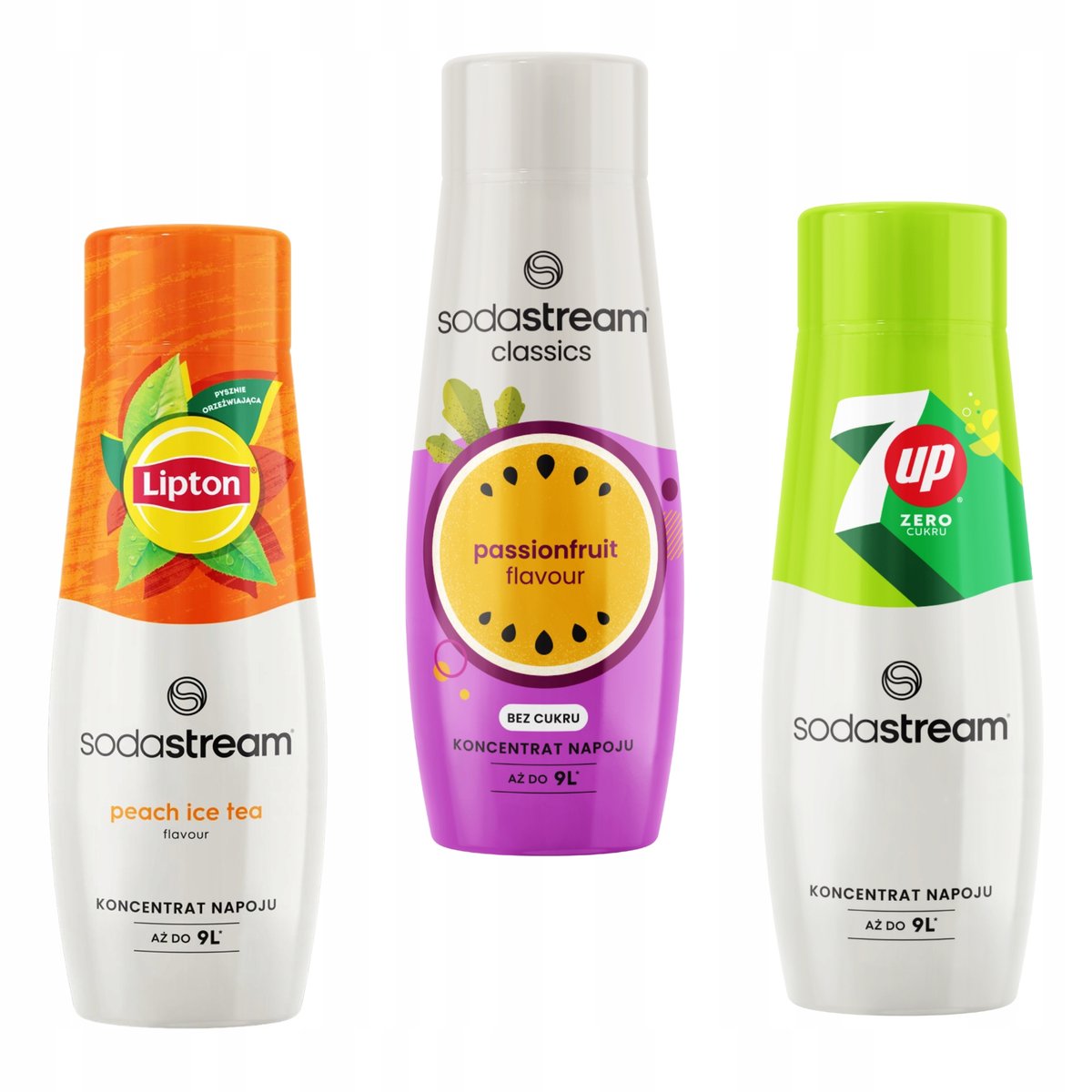 3 koncentraty Sodastream. Lipton Ice Tea Peach + Passionfruit + 7up Free