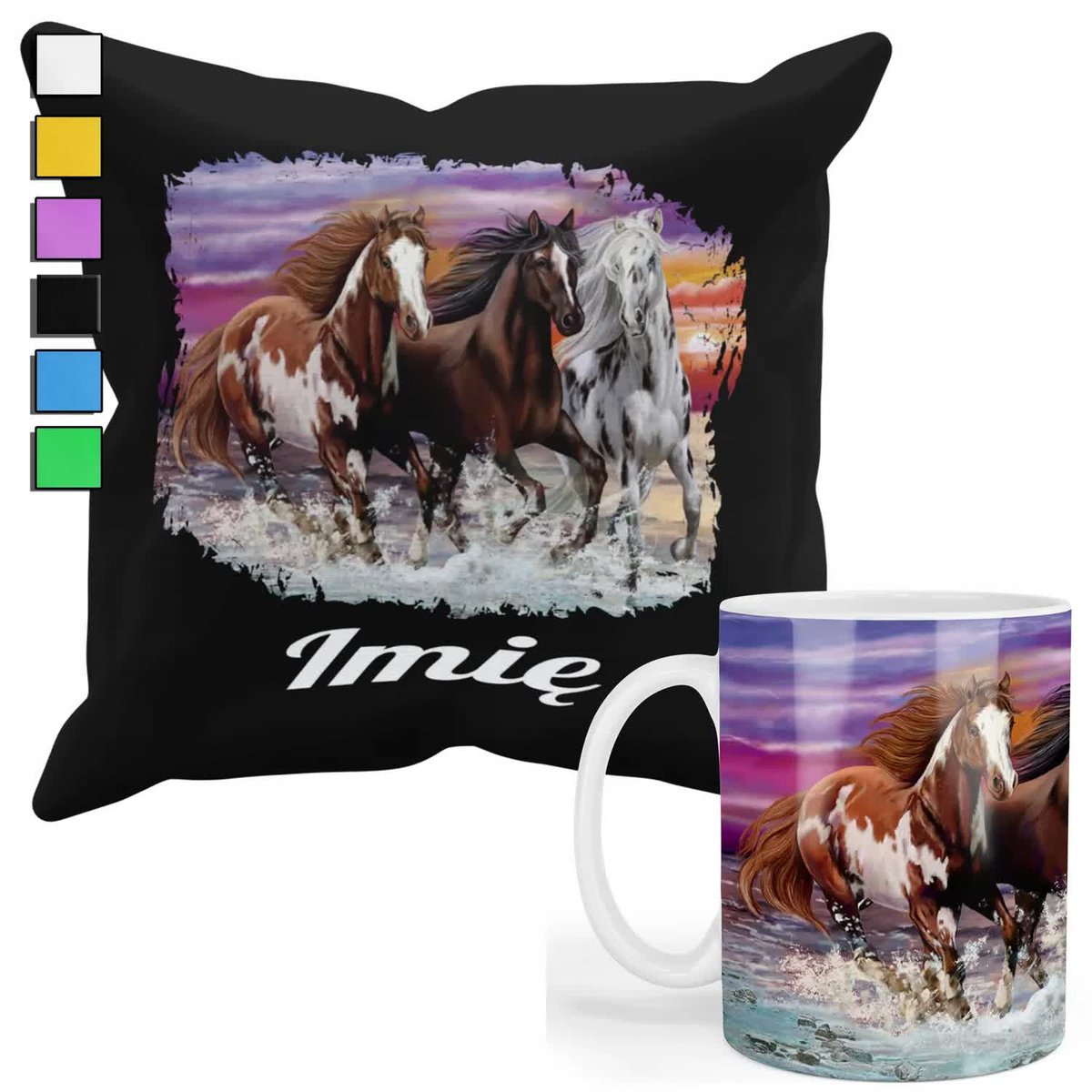 ZESTAW KUBEK + PODUSZKA Z POSZEWKĄ- PREZENT DLA FANA HOBBY KONIE + IMIĘ