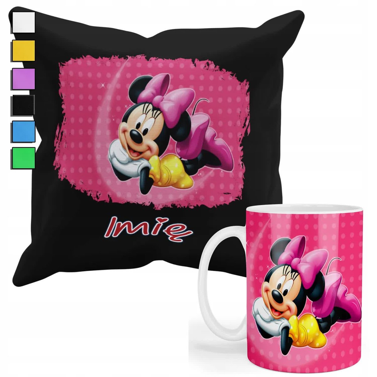 ZESTAW KUBEK + PODUSZKA Z POSZEWKĄ- PREZENT DLA FANA MYSZKA MIKI + IMIĘ