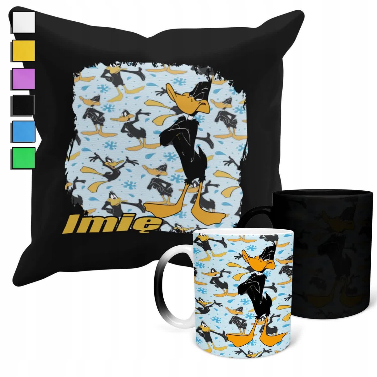 ZESTAW KUBEK MAGICZNY + POSZEWKA Z PODUSZKĄ-KACZOR DUFFY LOONE TU NES+ IMIĘ