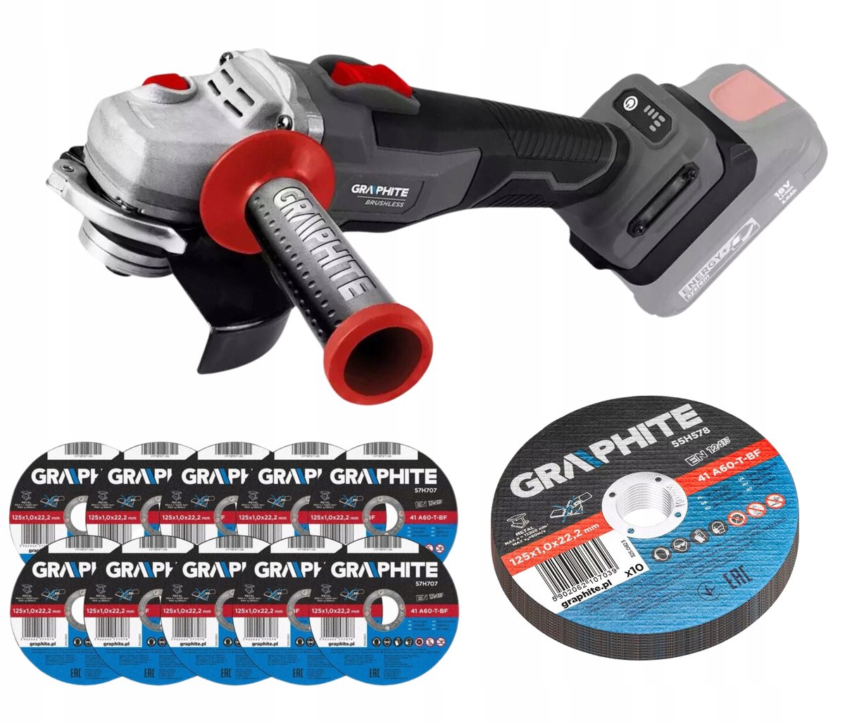 Graphite Szlifierka Kątowa Akumulatorowa 125mm Bezszczotkowa +Tarcze do Metalu 10szt