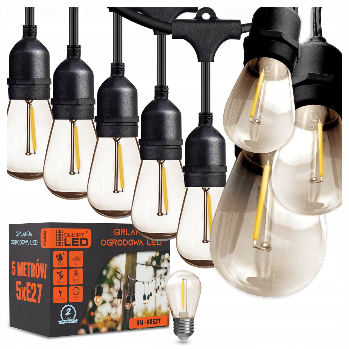 Girlanda Ogrodowa Świetlna 5M 5X Żarówka LED E27 + przewód Wodoszczelna