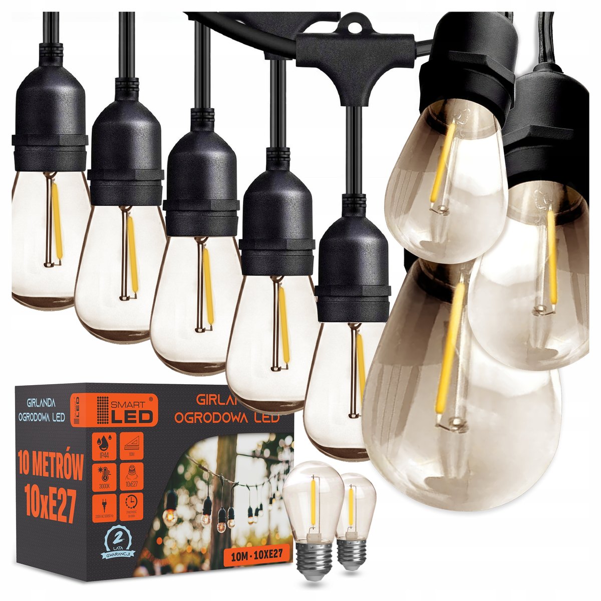Girlanda Ogrodowa Świetlna 10M 10X Żarówka LED E27 + przewód Wodoszczelna