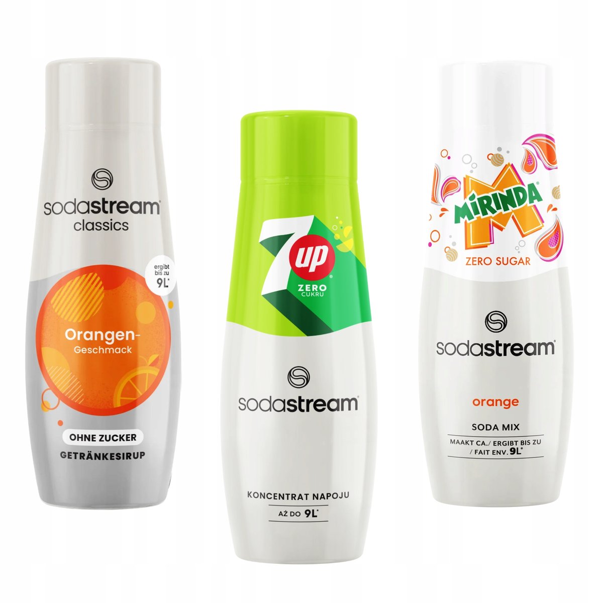 Zestaw 3 koncentratów Sodastream Orange Zero + 7up free + Mirinda Zero