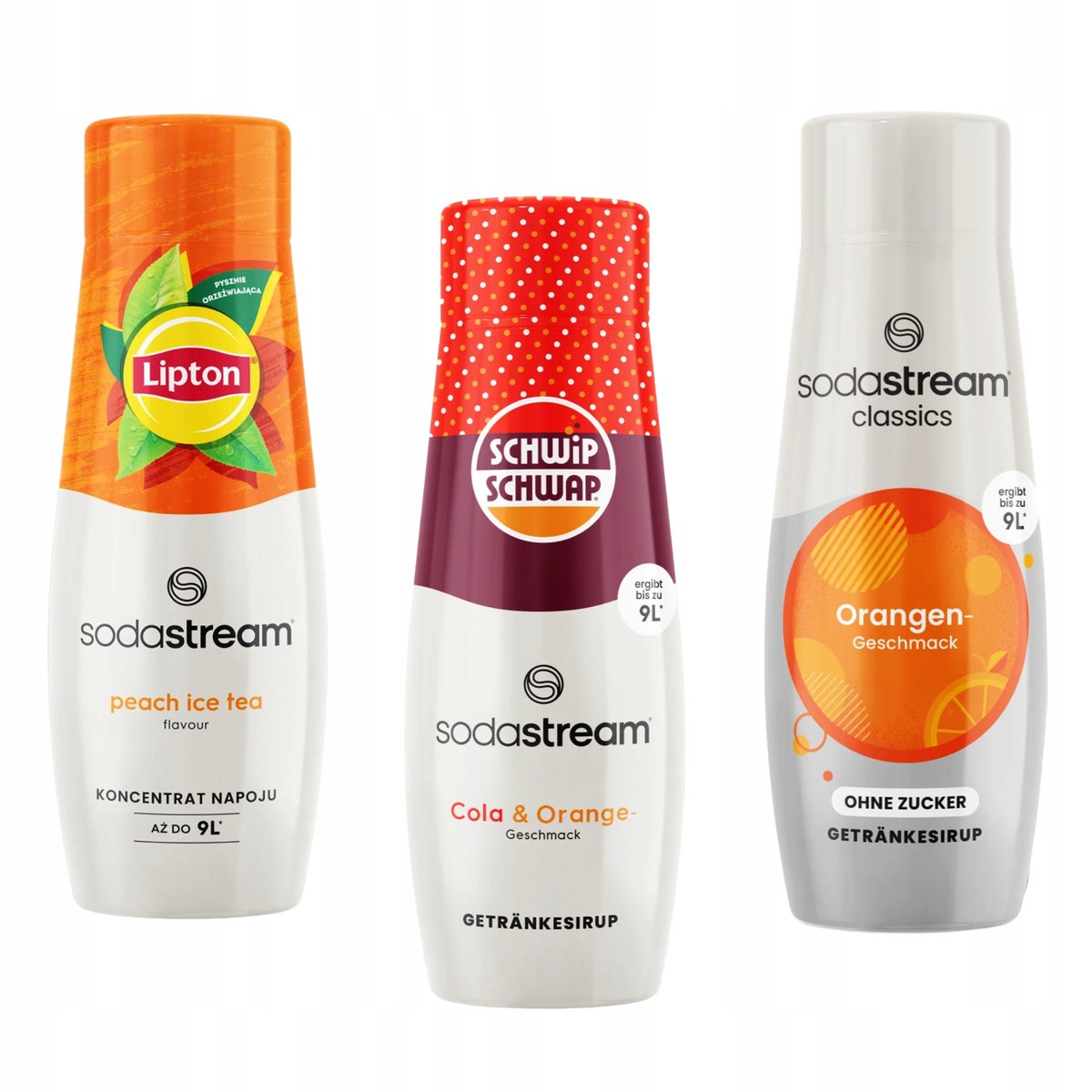 3 koncentraty Sodastream Lipton Ice Tea Peach + Schwip Schwap + Orange Zero