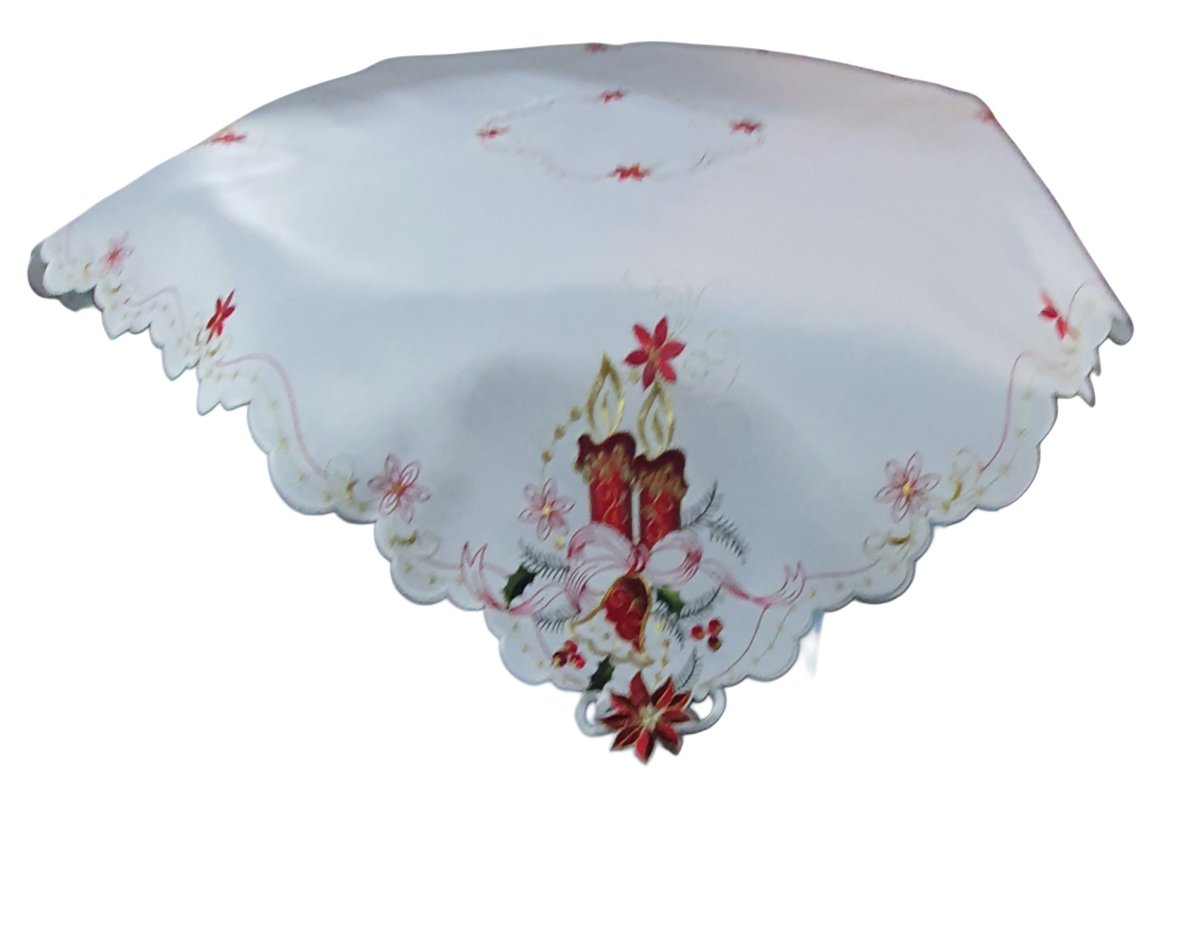 SE00510 Mały świąteczny obrus z haftem, biały 85x85cm
