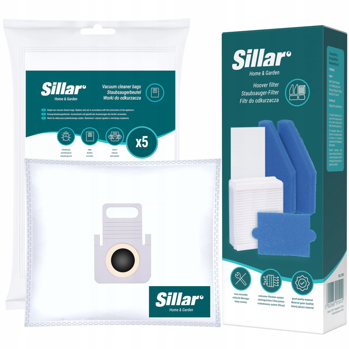 5x Worki + zestaw filtrów Sillar do odkurzacza Thomas Pet&Family Aqua+