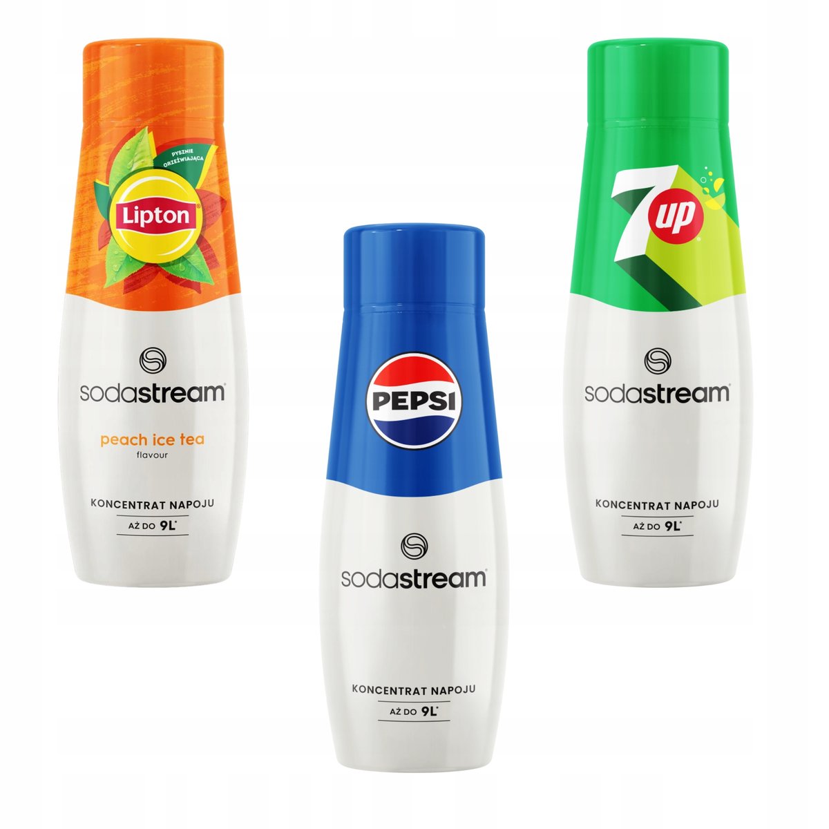 Zestaw 3 koncentratów Sodastream Lipton Ice Tea Peach + Pepsi + 7up