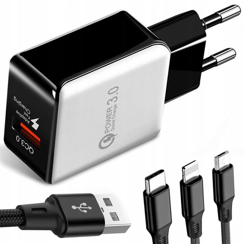 SZYBKA ŁADOWARKA SIECIOWA QC 3.0 + KABEL 3w1