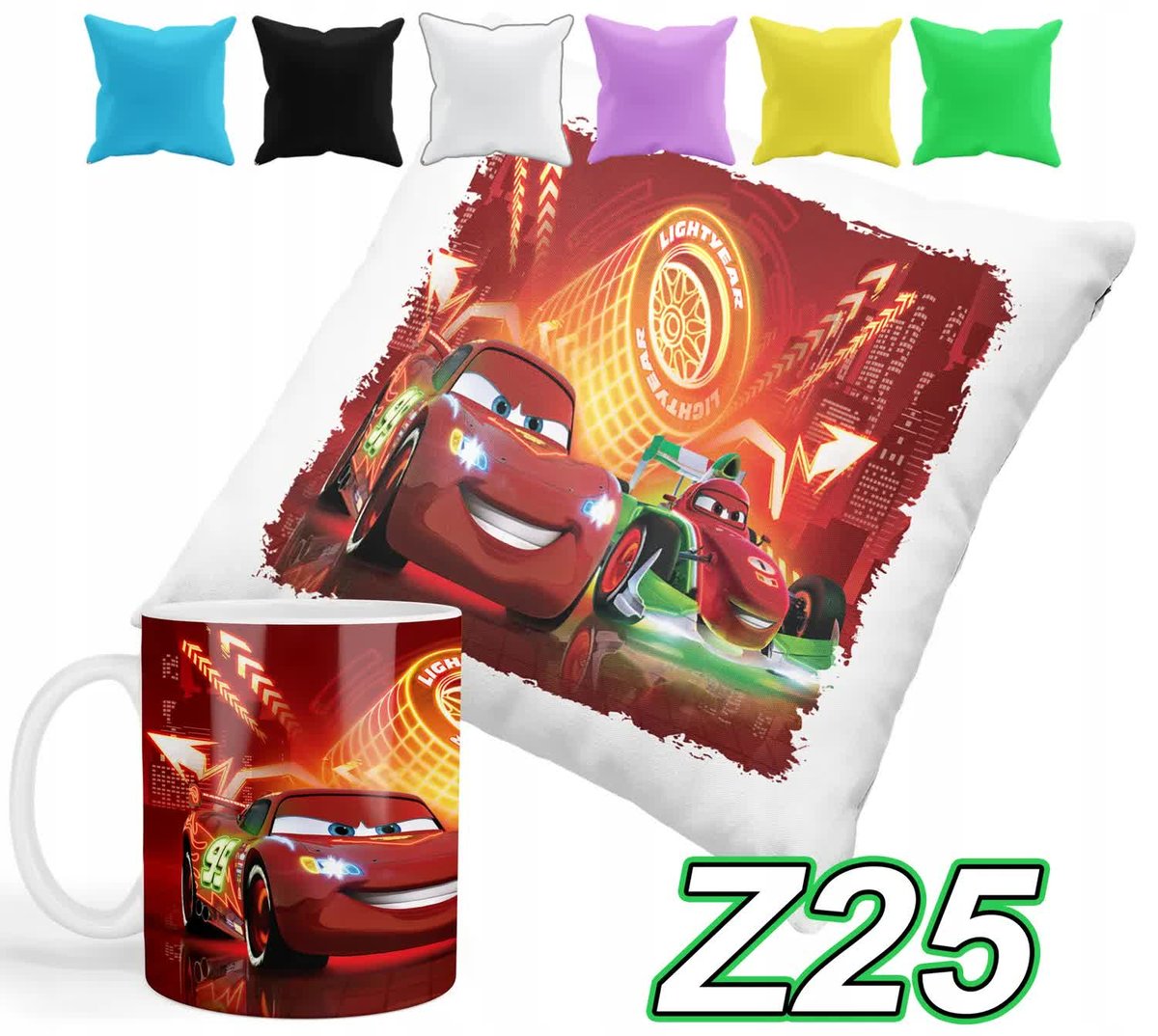 ZESTAW KUBEK + POSZEWKA Z NADRUKIEM CZERWONE AUTO SAMOCHODY+ IMIĘ