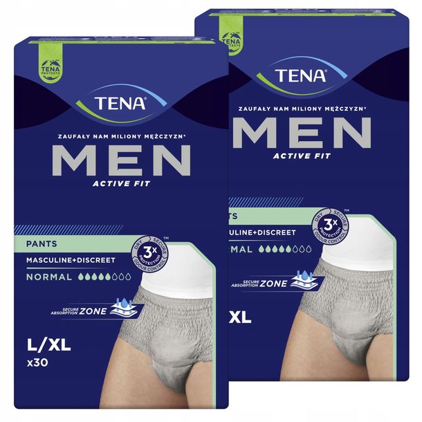Tena Men Active Fit Pants, majtki chłonne dla mężczyzn, rozmiar L/XL, 95-130 cm, Normal, 30 sztuk USZKODZONE OPAKOWANIE