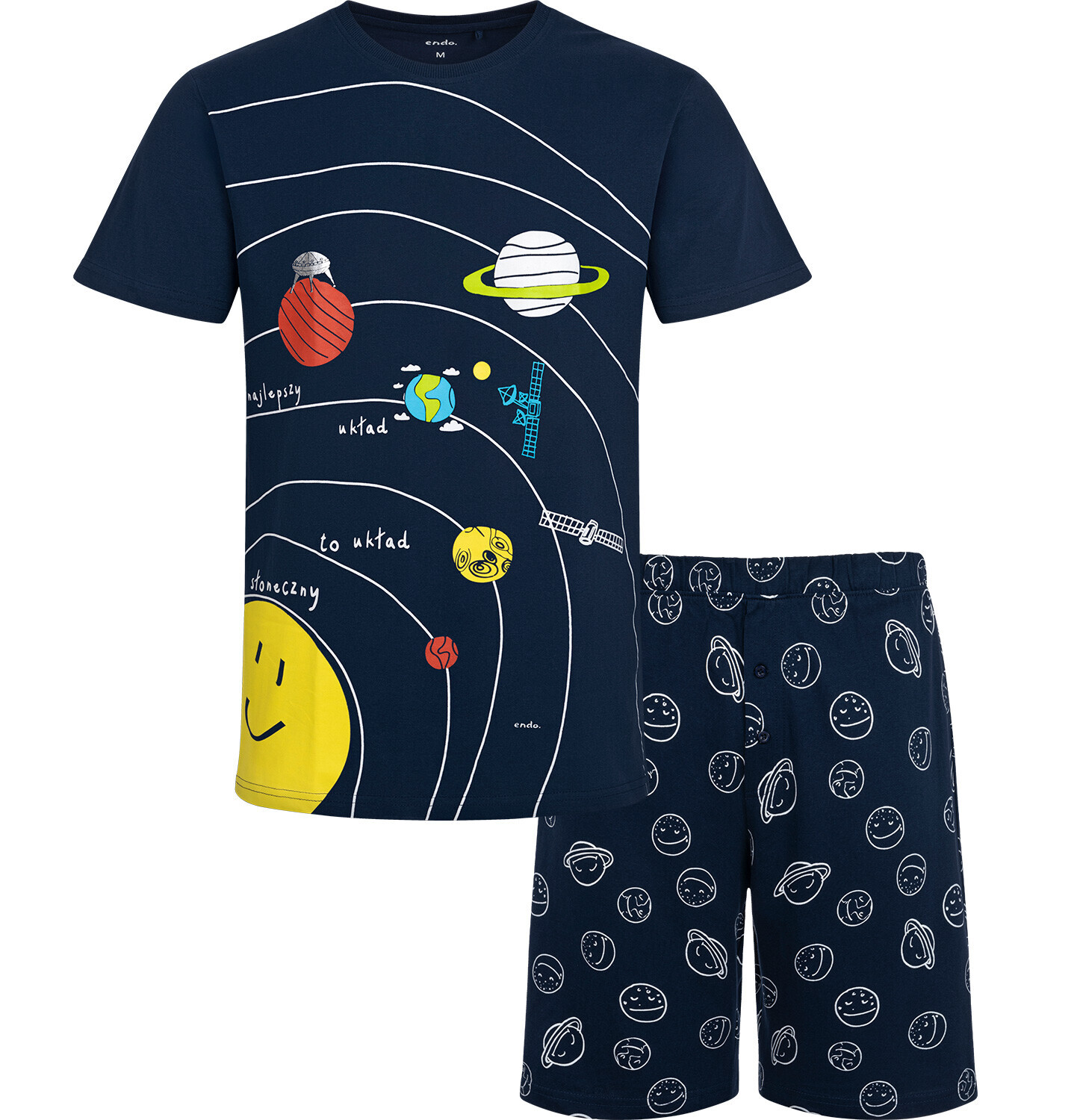 Męska piżama z krótkim rękawem, z motywem układu słonecznego, granatowa