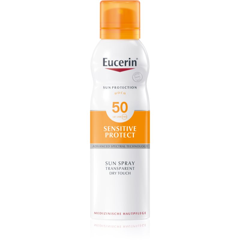 Eucerin Sun Spray spray transparentny do opalania do skóry wrażliwej i trądzikowej SPF50+ Dry Touch 200 ml