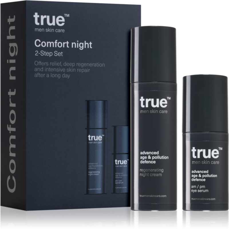 TRUE MEN SKIN CARE Comfort Night set consists of 2 products: regenerating night cream + am/pm eye serum