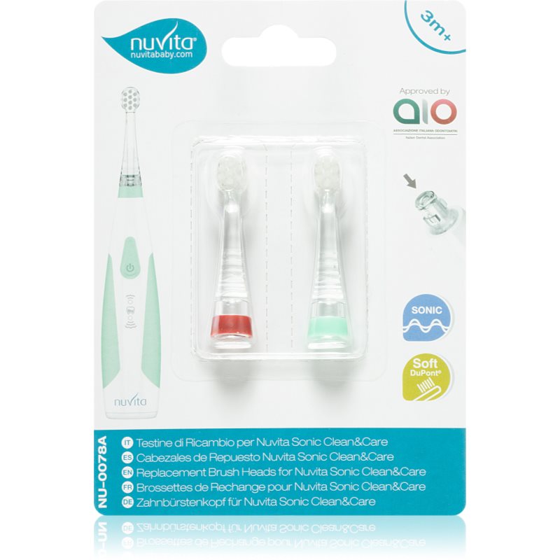Nuvita Sonic Clean&Care Replacement Brush Heads głowica wymienna do sonicznej szczoteczki do zębów na baterie dla niemowląt Sonic Clean&Care Small Red/Green 3 m+ 2 szt.