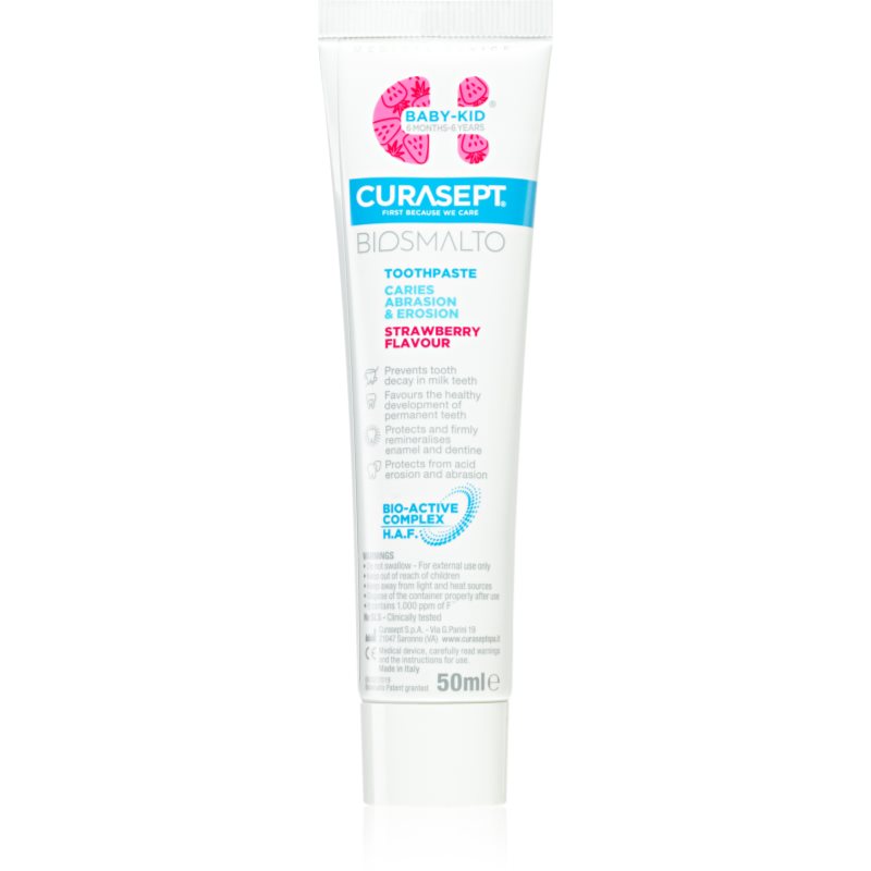 Curasept CURASEPT BIOSMALTO Baby-Kid Z FLUOREM 50ml - pasta do zębów o smaku TRUSKAWKOWYM dla dzieci od 6 miesiąca (E196)