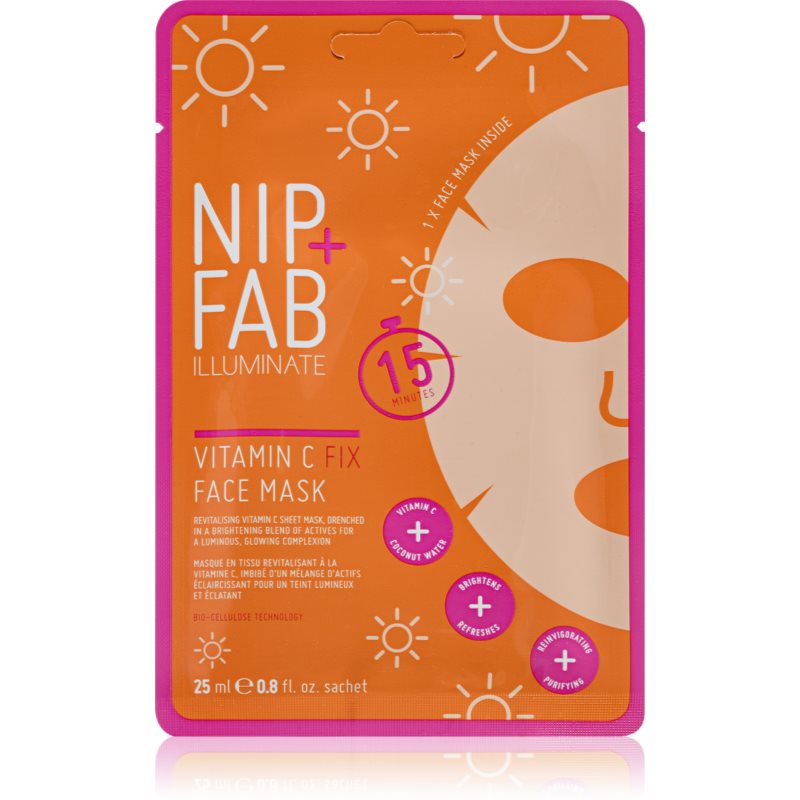 Nip+Fab Nip + Fab Vitamin C Fix | Maseczka Tkaninowa do Twarzy z Witaminą C | Woda Kokosowa | Ekstrakt z Owoców Cytrusowych | Nawilżająca Maseczka Antyoksydacyjna | Rozjaśnienie i Tonizacja Skóry | 25 ml