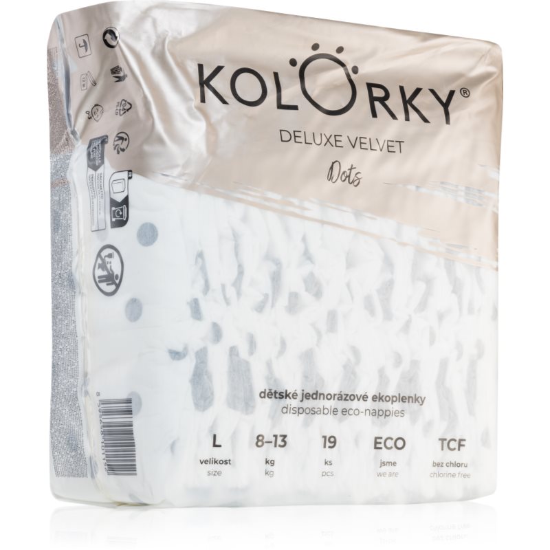 Kolorky Deluxe Velvet Dots jednorazowe pieluszki EKO rozmiar L rozmiar L 8-13 kg 19 szt.