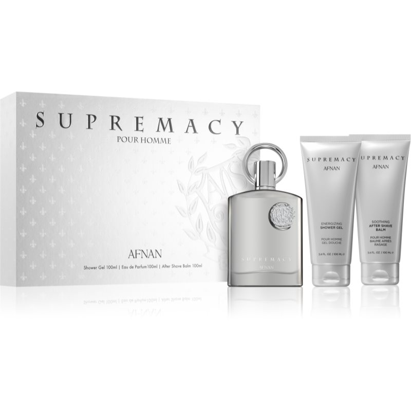 Afnan Supremacy Silver zestaw woda perfumowana spray 100ml + żel pod prysznic 100ml + balsam po goleniu 100ml