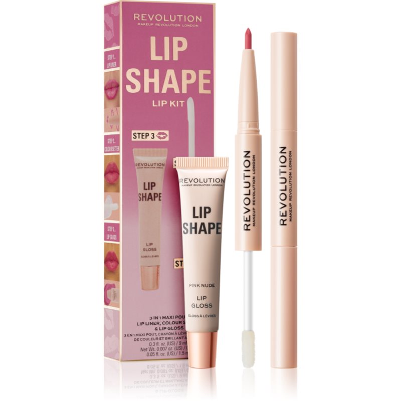 Makeup Revolution London Lip Shape Zestaw błyszczyk do ust Lip Shape Lip Gloss 9 ml + konturówka i utrwalacz pomadki 2 In 1 Lip Liner & Colour Setter 1,7 ml