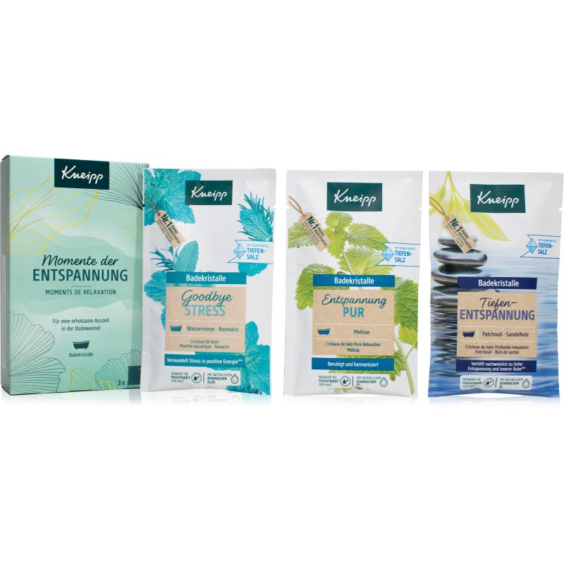 Kneipp Wellness Moment Zestaw sól do kąpieli Goodbye Stress 60 g + sól do kąpieli Pure Relaxation 60 g + sól do kąpieli Deep Relaxation 60 g