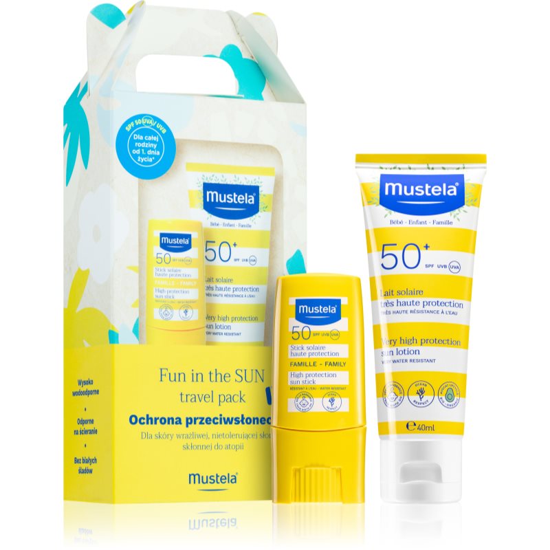 Mustela Sun Zestaw Fun In The Sun Travel Pack (Mleczko 40ml + Sztyft przeciwsłoneczny 9ml)