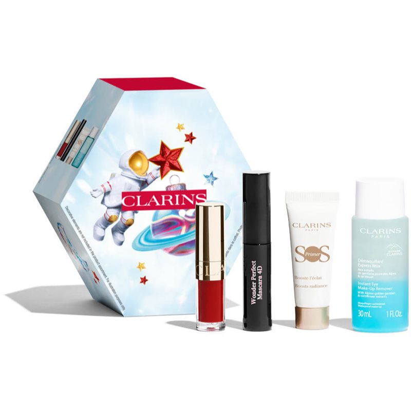 Clarins Make-up Essentials Zestaw maskara Wonder Perfect Mascara 4D 3 ml + olejek do ust Lip Comfort Oil 1,4 ml 03 Cherry + baza pod makijaż SOS Primer White 10 ml + preparat do demakijażu oczu Instant Eye Make-up Remover 30 ml