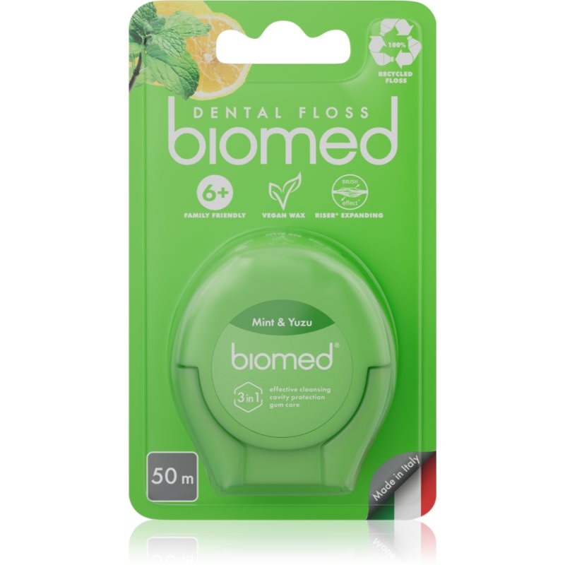 BIOMED Nić dentystyczna o smaku MIĘTY i YUZU 50m (woskowana, epxading-rozszerzająca się)