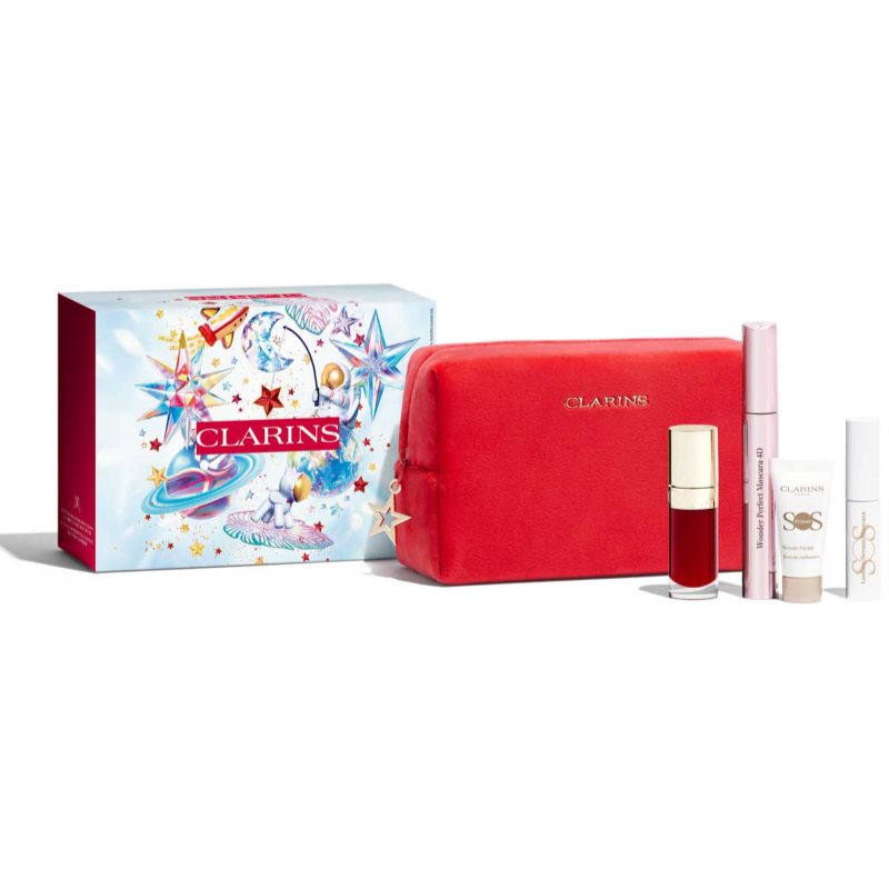 Clarins Make-up Heroes Zestaw maskara Wonder Perfect Mascara 4D 8ml + olejek do ust Lip Comfort Oil 7 ml 03 Cherry + baza pod makijaż SOS Primer White 5 ml + baza i serum pod maskarę SOS Lashes Serum Mascara 3 ml + kosmetyczka