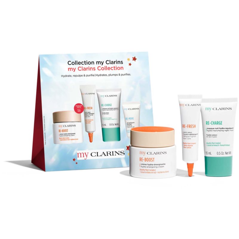 Clarins My Clarins Collection Zestaw krem do twarzy Re-Boost Hydra-Energizing Cream 50 ml + krem pod oczy Re-Fresh Fatigue-Fighter Eye Care 15 ml + maska do twarzy na noc Re-Charge Hydra-Replumping Night Mask 15 ml + żel oczyszczający Re-Move Purifying Cleansing Gel 5 ml