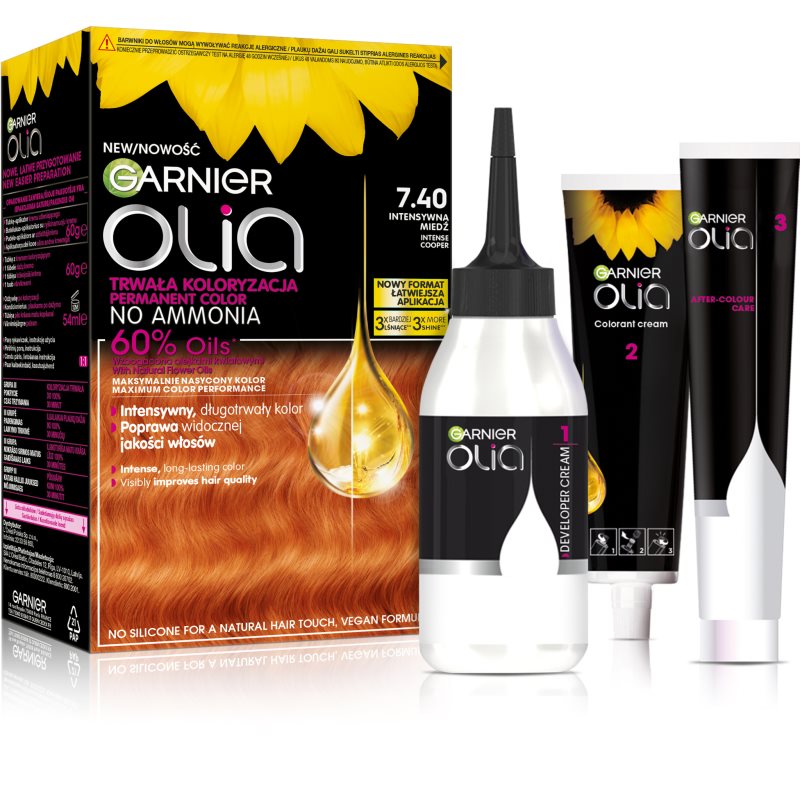 GARNIER OLIA TRWAŁA FARBA DO WŁOSÓW BEZ AMONIAKU 7.40 INTENSYWNA MIEDŹ